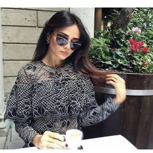 Zara Lace Blouse With Frill Long Sleeve Black 2731/249 Size XS